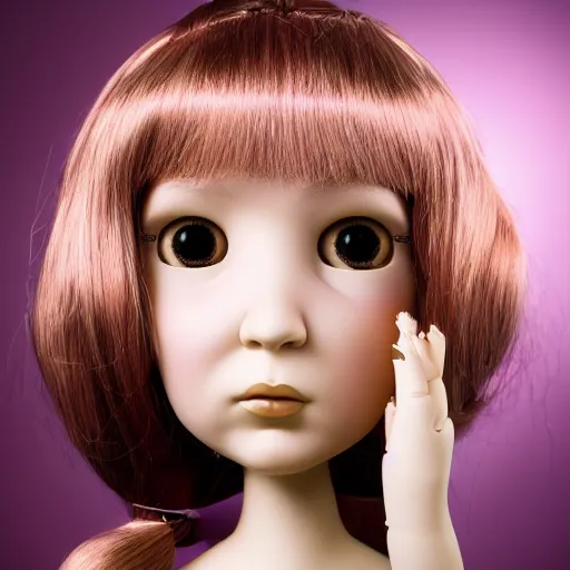 Image similar to head and shoulders portrait of a doll-like girl doing ASMR with hand movements, color Graflex photograph by Mark Ryden