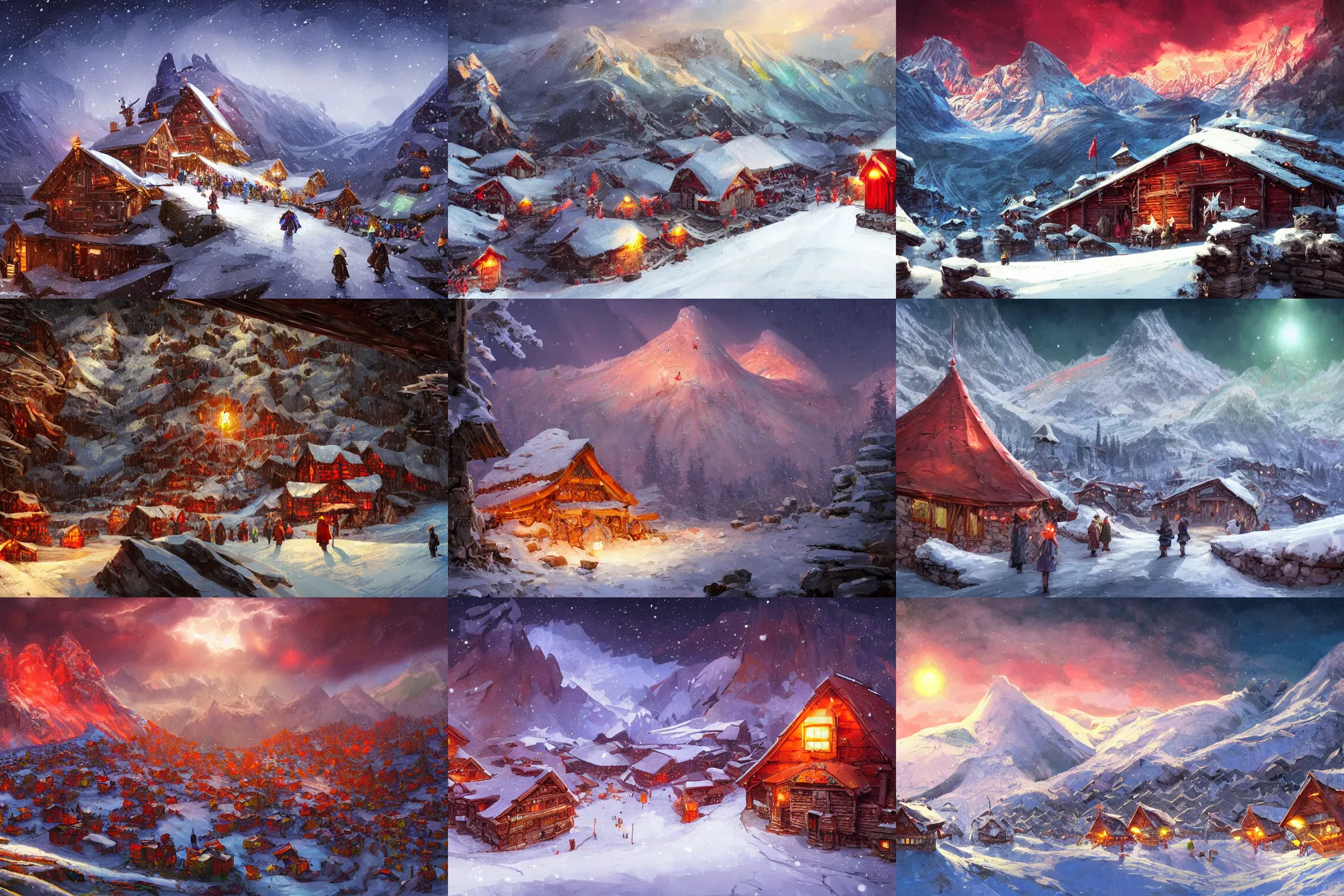 Prompt: white snow, top of the mountain, mountain of monks, red pennants, interior of a mountain hut, colorful dream, glowing lights, epic fantasy, colorfully, detailed illustration, digital art, highly saturated colors, overdetailed art, concept art, detailed illustration, hd, 4 k, digital art, greg rutkowski, dan mumford, studio ghibli trending on artstation