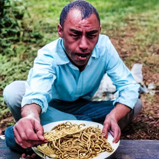 Image similar to a man eating snakes like noodles