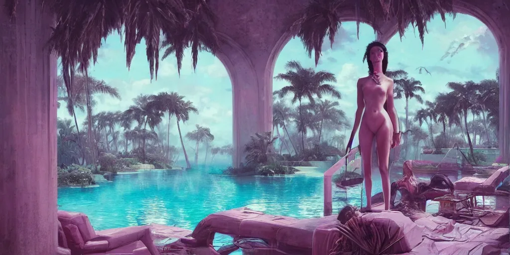 Image similar to greg rutkowski masterpiece, hyperrealistic surrealism, award winning masterpiece with incredible details, epic stunning, infinity pool, a surreal vaporwave liminal space, highly detailed, trending on ArtStation, calming, meditative, pink arches, flowing silk sheets, palm trees, very vaporwave, very very surreal, sharp details, dreamscape