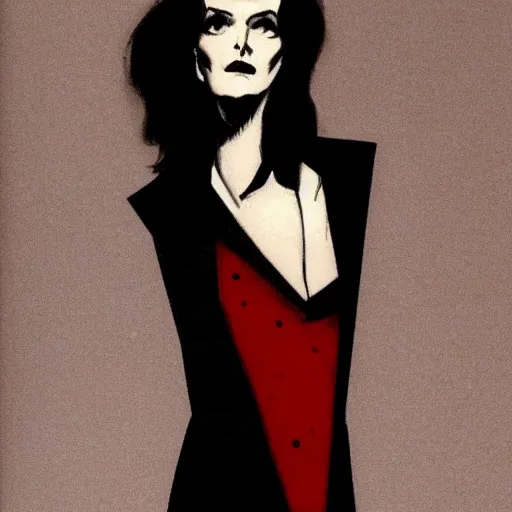 Image similar to A very red photgraphic portrait of the character, Desire, a tall, smiling androgyne with black hair and a grey pinstripe suit, studio lighting, medium shot, Life Magazine, 1978, Vertigo Comics, The Sandman written by Neil Gaiman, against a stormy sky