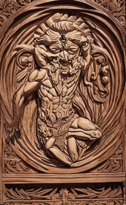 Prompt: an extremely detailed wood relief carving depicting a monstrous image of the god apollo transforming into a stylized sun, medieval, renaissance, manuscript, woodcut, in the style of albrecht durer, alchemical symbols