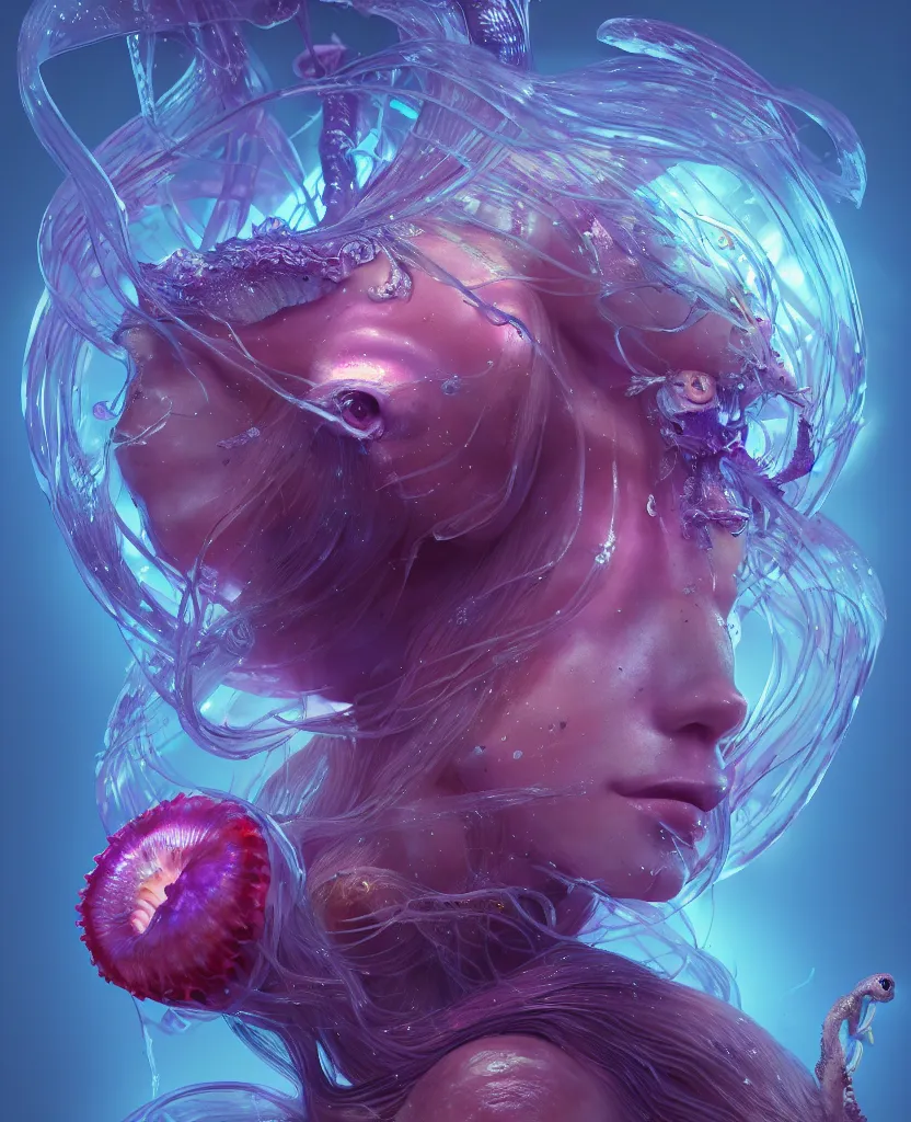 Image similar to goddess close-up portrait ribcagel. jellyfish phoenix head, nautilus, orchid, skull, betta fish, bioluminiscent creatures, intricate artwork by Tooth Wu and wlop and beeple. octane render, trending on artstation, greg rutkowski very coherent symmetrical artwork. cinematic, hyper realism, high detail, octane render, 8k