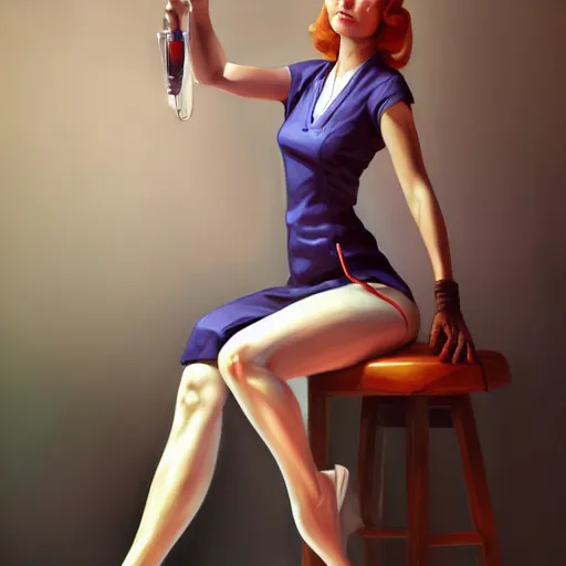 Prompt: portrait of a nurse on a stool, expressive pose, futuristic, highly detailed, digital painting, artstation, concept art, smooth, sharp focus, by Enoch Bolles