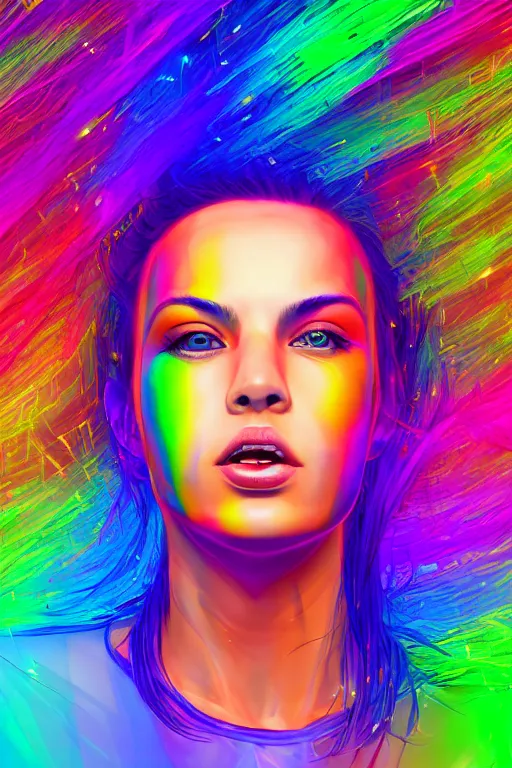 Image similar to a award winning half body portrait of a beautiful woman with stunning eyes in a croptop and cargo pants with rainbow colored ombre hairstyle head in motion and hair flying by thomas danthony, surrounded by whirling illuminated liquids and lines, outrun, vaporware, shaded flat illustration, digital art, trending on artstation, highly detailed, fine detail, intricate