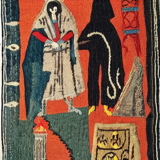 Image similar to “death of an outsider, medieval tapestry painting”