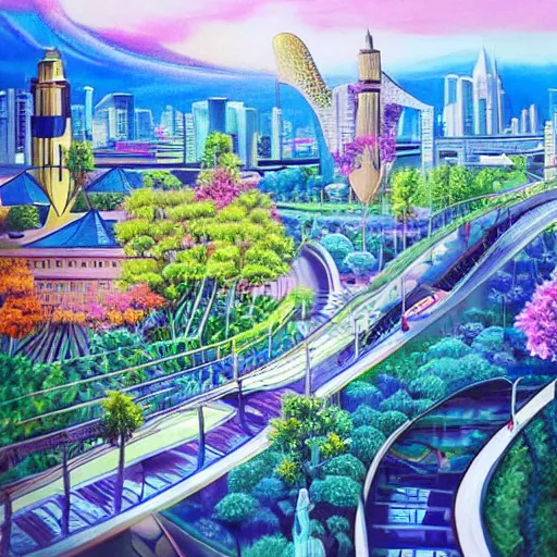 Prompt: Beautiful city of the future in harmony with nature. Nice colour scheme. Beautiful detailed painting by Lurid. (2022)