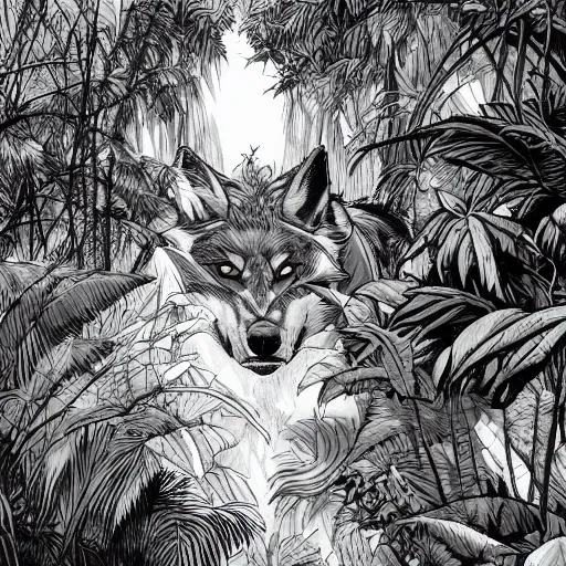 Prompt: A wolf is lurking behind the bushes in the jungle, by kim jung gi, digital art, trending on artstation, 4K UHD, illustrated anime