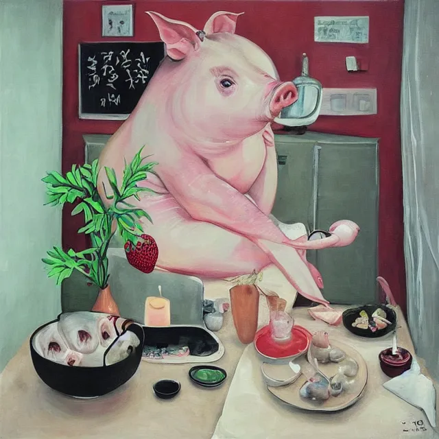 Image similar to “ a portrait in a female art student ’ s apartment, sensual, a pig theme, bathing, pork, art supplies, surgical iv bag, octopus, ikebana, herbs, a candle dripping white wax, japanese pottery, squashed berries, berry juice drips, acrylic and spray paint and oilstick on canvas, surrealism, neoexpressionism ”