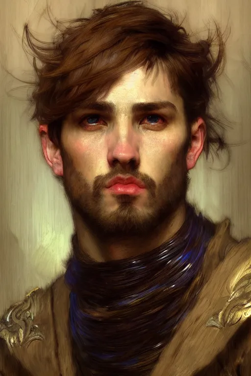 Image similar to realistic portrait beautiful concept art of a male league of legend character, created by gaston bussiere and john everett millais, jules bastien lepage, john william waterhouse, jean leon gerome and tristan eaton, high detailed, smooth draw, synthwave neon retro, intricate, trending on artstation