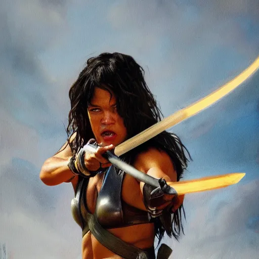 Prompt: Michelle rodriguez as an amazone warrior killing soldiers with her spear, cinematic lighting, high quality 8k hd, oil on canvas, hyperralistic art