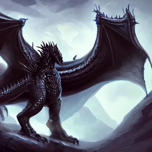 Image similar to fantasy black dragon living in huge cave, lots of details, fire breath, trending on artstation