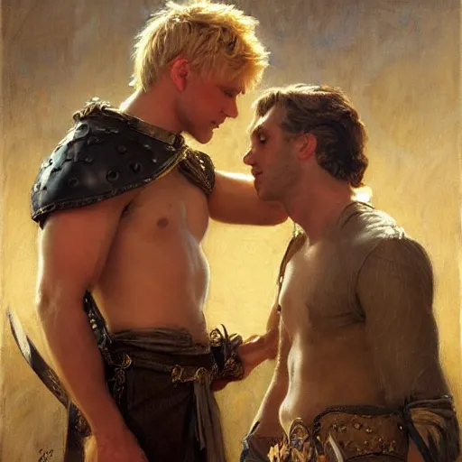 Image similar to attractive male, arthur pendragon who has blond hair confesses his love to attractive male, merlin who has dark hair. highly detailed painting by gaston bussiere, craig mullins, j. c. leyendecker 8 k