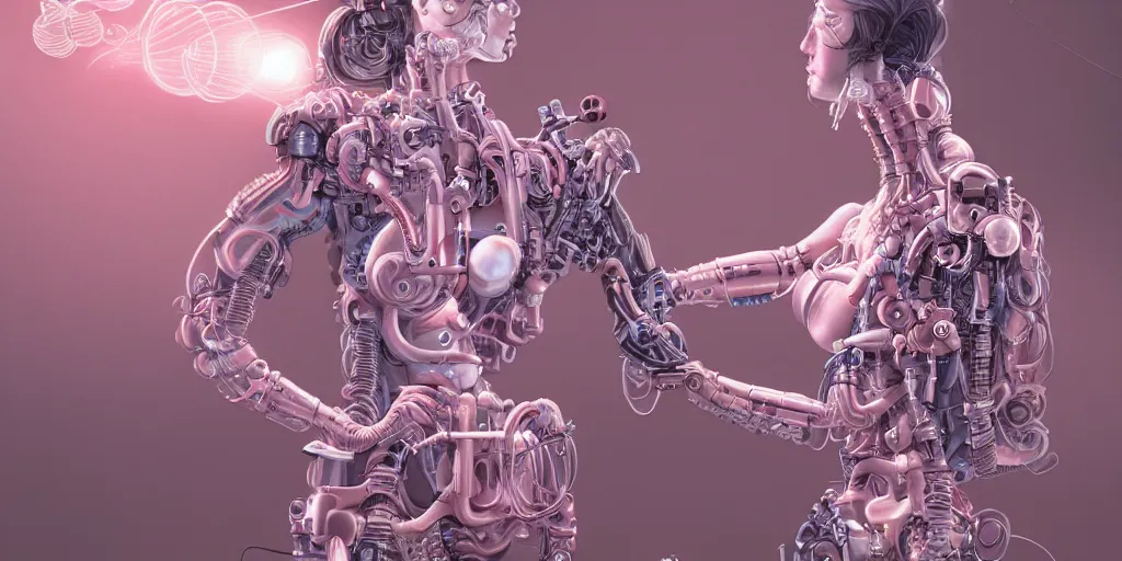 Image similar to hyperrealistic photography of a gorgeous cabled female cyborg scientist making a machine that makes pink bubbles in the style of Jin Kagetsu, James Jean and wlop, highly detailed, masterpiece, award-winning, sharp focus, intricate concept art, ambient lighting, 8k, artstation