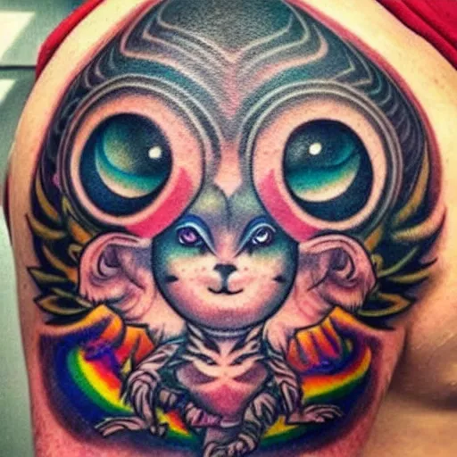 Prompt: shoulder tattoo of a multicolored hallucinating meditaing cute bush baby, eyes are rainbow spirals, happy mood, surrounded with colorful magic mushrooms and rainbow marihuana leaves, insanely integrate