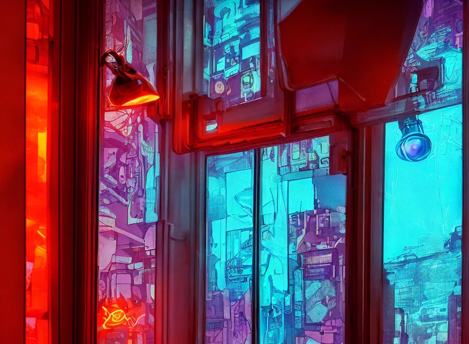 Image similar to telephoto 7 0 mm f / 2. 8 iso 2 0 0 photograph depicting the 5 6 6 of craziness in an expensive cluttered french sci - fi ( art nouveau ) pale cyberpunk redacted in a pastel dreamstate art cinema style. ( dream, project, window ( city ), led indicator, lamp ( ( ( mirror ) ) ) ), ambient light.