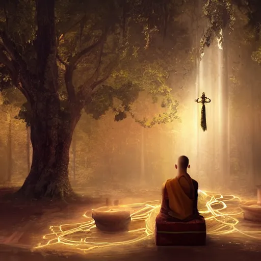 Prompt: ancient monk worshipping under the tree of wisdom, magical world, by greg rutkowski, sung choi, photo realistic, 8 k, cinematic lighting, hd, atmospheric, hyperdetailed, trending on artstation, devainart, digital painting, glow effect