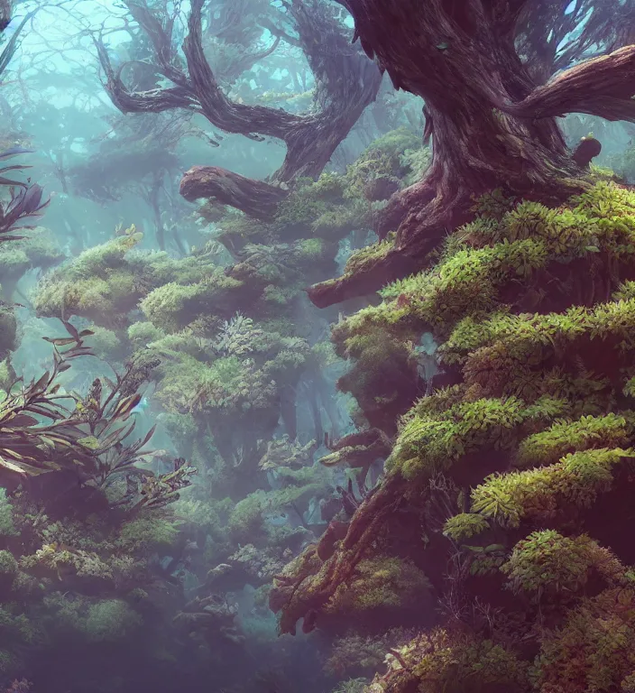 Prompt: a forest underwater, studio ghibli, au naturel, hyper detailed, digital art, trending in artstation, cinematic lighting, studio quality, smooth render, unreal engine 5 rendered, octane rendered