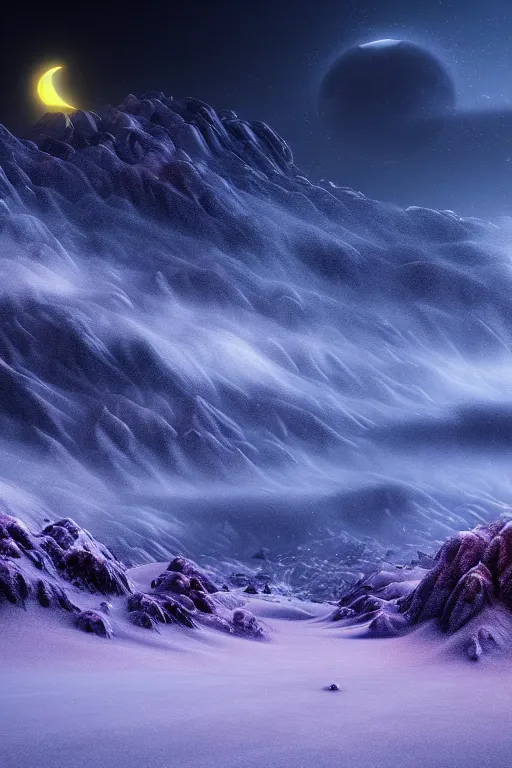 Image similar to a cgi landscape image with a cresent moon and mountains, cinematic matte painting, snowfall, stormy weather, neon lights, extreme detail photo quality, dark moody colors, featured on behance