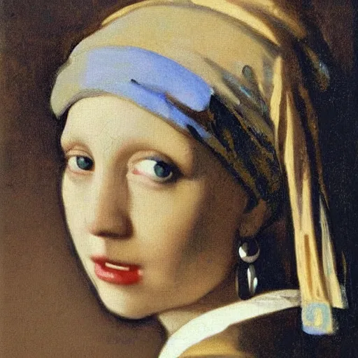 Image similar to a woman with a cat face with a Pearl Earring by Johannes Vemeer, masterpiece, old master,