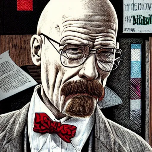 Image similar to The Artwork of R. Crumb and his Cheap Suit Breaking-Bad-Walter-White, pencil and colored marker artwork, trailer-trash lifestyle