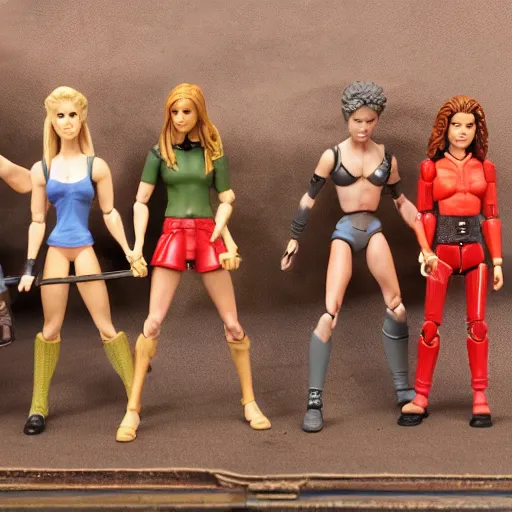 Image similar to extremely detailed photo of Buffy the Vampire Slayer action figures in a row on a table