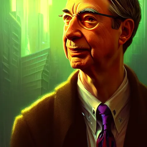 Prompt: portrait of cyberpunk mr rogers, intricate, headshot, highly detailed, digital painting, artstation, concept art, sharp focus, cinematic lighting, illustration, art by artgerm and greg rutkowski, alphonse mucha, cgsociety