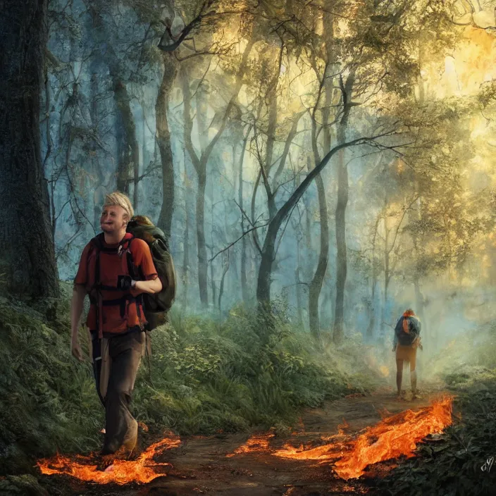 Image similar to happy blonde english man hiking a beautiful path through a forest ablaze on fire, fluent composition, concept art, ambient light, 4 k, intricate details, highly professionally detailed, cgsociety, highly detailed