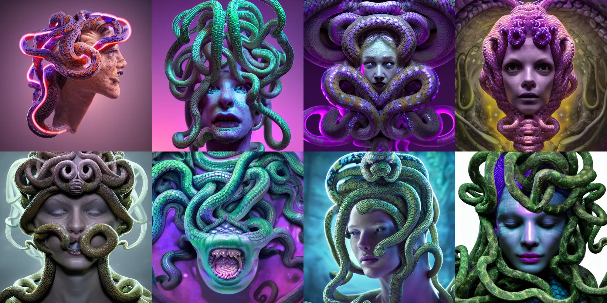 Image similar to beautiful medusa gorgon head highly detailed snakes, cosmic horror, abstract, ghostly, arcade, duotone, poltergeist, epic lighting, intricate, elegant, highly detailed, smooth, sharp focus, photo real, ultra realistic, unreal engine 5, raytracing, in the style of beeple and mike winkelmann, ultraviolet colors,