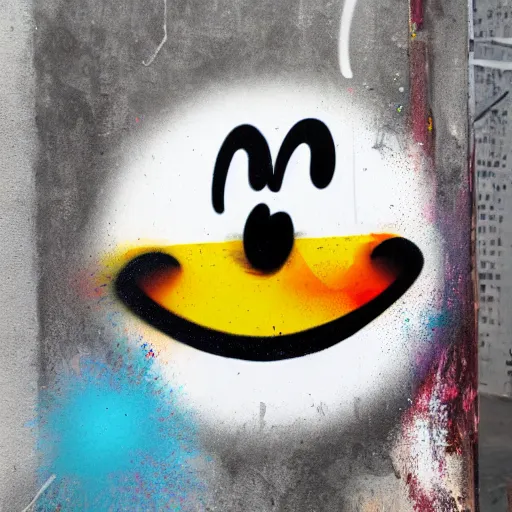 Prompt: grafitti smiley face, spray paint texture, in style of futura 2000, artsy