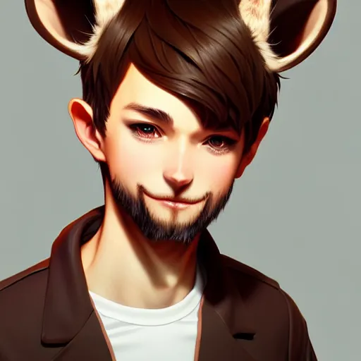 Image similar to character design portrait of a kind anthropomorphic furry deer man with deer ears, short brown hair, wearing a shirt, looking at the camera, 4 k, concept art, by wlop, ilya kuvshinov, artgerm, krenz cushart, pixiv.