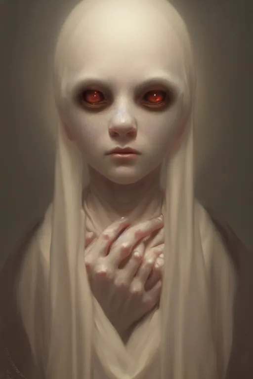 Image similar to a portrait of a creepy creature, illustration, soft lighting, soft details, dark mood, painting oil on canvas by Edmund Blair Leighton and Charlie Bowater and Wayne Barlowe octane render trending on artstation d&d characters, 4k, 8k, HD