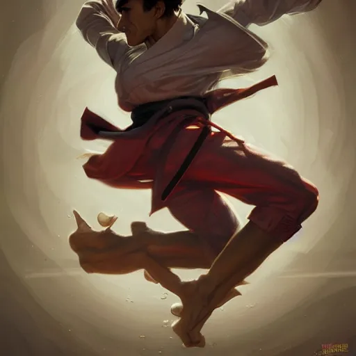 Image similar to karate clown, dynamic pose, fighting highly detailed, digital painting, artstation, concept art, matte, sharp focus, illustration, art by Artgerm and Greg Rutkowski and Alphonse Mucha