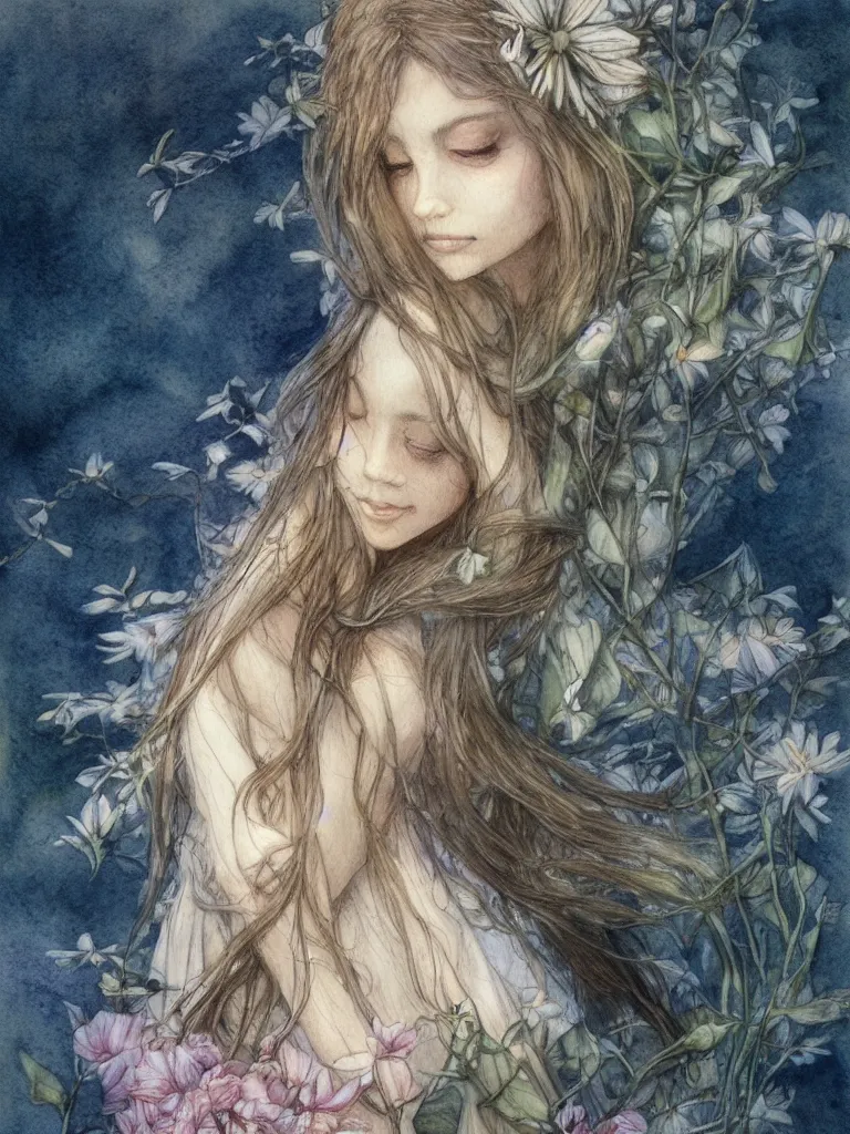 Image similar to study of a flower fairy, illustration, watercolor, alan lee, detailed, pretty, ethereal, realistic, artstation,