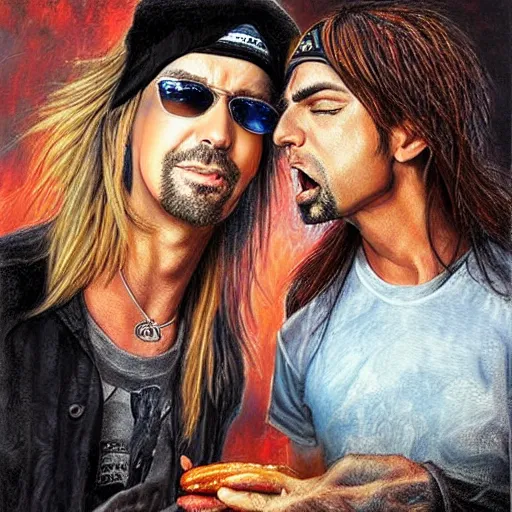 Image similar to portrait of brett michaels and criss angel sharing hotdogs, an oil painting by ross tran and thomas kincade