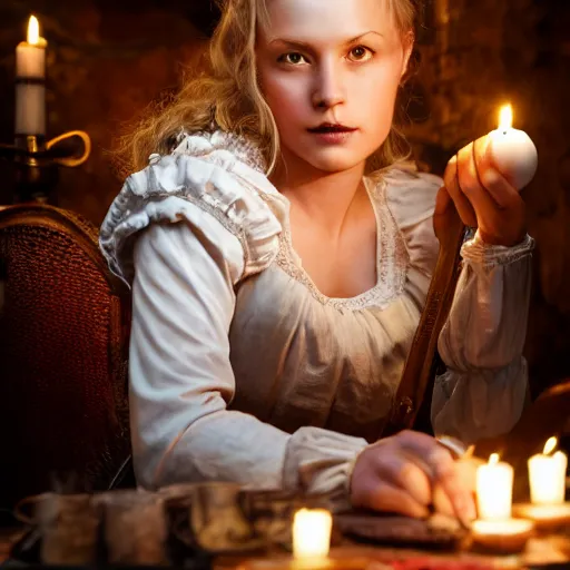 Image similar to young attractive beautiful scandinavian woman wearing 1 8 th century stay in a medieval tavern at night with candles, wow 4 k detail fantasy, matte painting, realistic materials, photo realistic, postprocessing, cinematic, hyperrealistic, studio lighting, ekaterina, the tudors, photography by richard jenkins