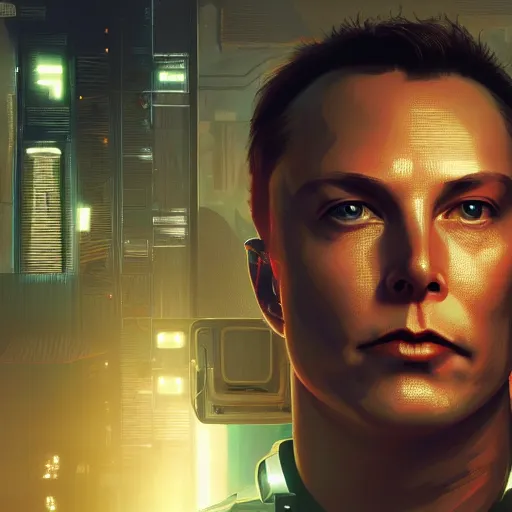 Prompt: looking at camera, ominous portrait of cyborg Elon Musk as a cyberpunk 2077 loading screen, symmetry, front view, intricate, studio, art by anthony macbain + greg rutkowski + alphonse mucha, concept art, 4k, sharp focus