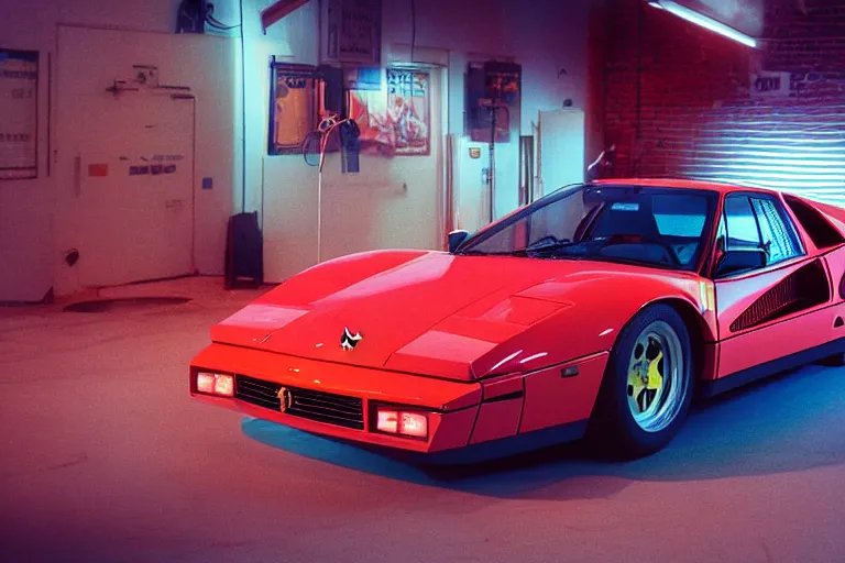 Prompt: stylized poser of a single 1985 Ferrari GTO, thick neon lights, ektachrome photograph, volumetric lighting, f8 aperture, cinematic Eastman 5384 film