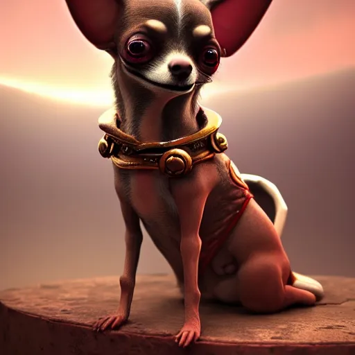 Image similar to antropomorphic!!!!!!!!!!!! chihuahua man living in an extradimensional reality where it is a god, in the style of wlop, illustration, epic, fantasy, hyper detailed, smooth, unreal engine, sharp focus, ray tracing, physically based rendering, renderman, beautiful