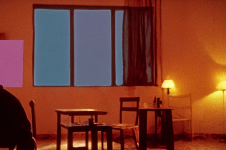 Image similar to old israeli apartment, todd solondz drinking alone, smoking, vaporwave colors, state of melancholy, romantic, dimmed lights, realistic