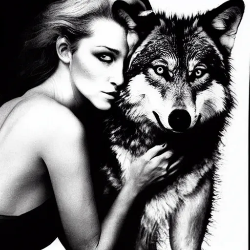 Prompt: the beautiful lady and the wolf, black and white, by richard avedon,