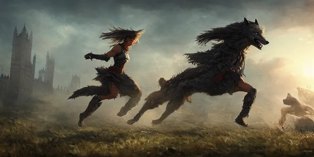 Prompt: a female knight running in the land of doom with a wolf, sunrise background, london, greg rutkowski