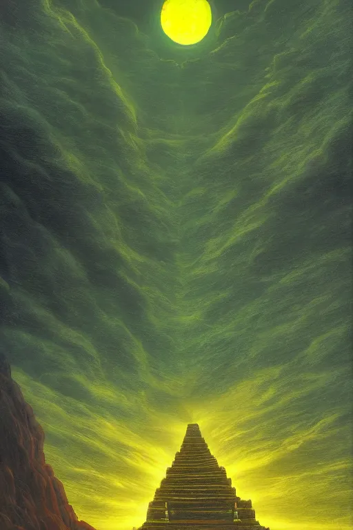 Image similar to yellow glowing ancient temple, green hills, star trails, dramatic lighting, artstation, matte painting, caspar david friedrich, ralph mcquarrie