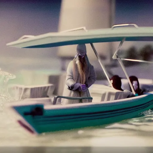 Image similar to beautiful hyperrealism three point perspective film still of Gandalf the grey boat racing in Miami Vice(1988) extreme closeup portrait in style of 1990s frontiers in translucent porclein miniature street photography seinen manga fashion edition, miniature porcelain model, focus on face, eye contact, tilt shift style scene background, soft lighting, Kodak Portra 400, cinematic style, telephoto by Emmanuel Lubezki