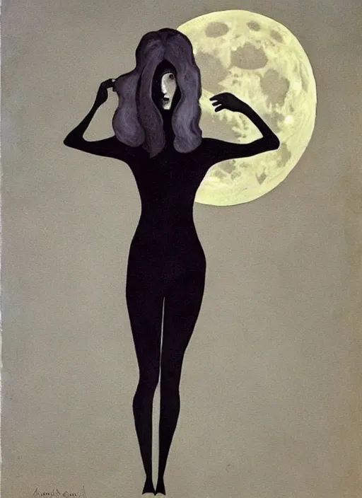 Prompt: surrealism, low polygon, a dark witch in front of the full big moon, painting by abercrombie, gertrude