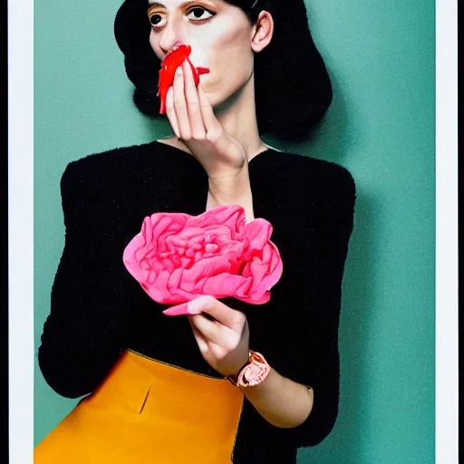 Image similar to a studio close - up portrait of a a fashion model smelling a plastic flower. surreal photograph, lo - fi, polished look, silly and serious, hermes ad, vogue magazine, fashion photography, toiletpaper magazine by pierpaolo ferrari and maurizio cattelan, 3 5 mm photograph, colourful, by pierpaolo ferrari, maurizio cattelan, david lachapelle