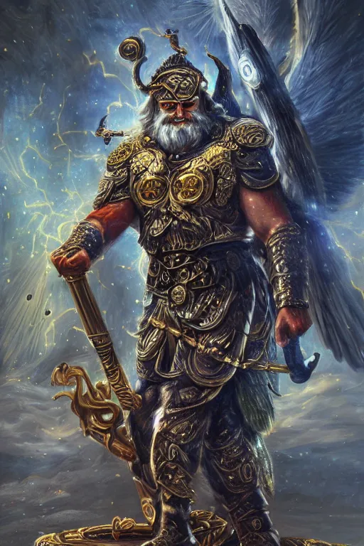 Image similar to mythological odin all father supreme God of thunder and smithing and artificial intelligence creating an artificial neural network with gold synapses on an anvil with his mighty hammer, high resolution, award winning art, trending on art station, sharp image, incredibly detailed, detailed character, realistic painting, hyperrealistic painting