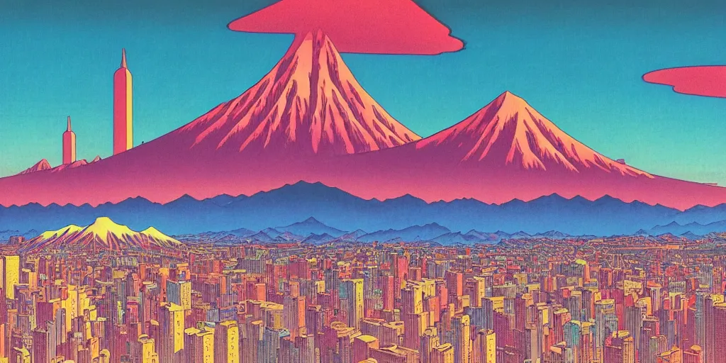 Image similar to skyline of a large metropolis, large mountain looming in the background, acid and dreaming psychedelic hallucinations, by kawase hasui, moebius and edward hopper, colorful flat surreal design, hd, 8 k, artstation