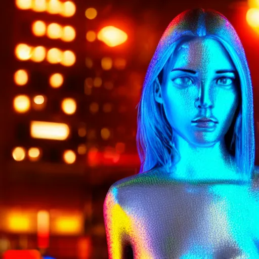 Image similar to a beautiful slim blue holographic woman standing in a future city, night, rain, film grain, neon signs, blade runner style