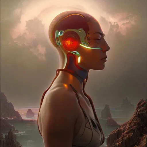 Image similar to Cyborg Ponders Himself, minimalistic, hyperrealistic surrealism, award winning masterpiece with incredible details, epic stunning, infinity pool, a surreal vaporwave liminal space, highly detailed, trending on ArtStation, artgerm and greg rutkowski and alphonse mucha, daily deviation, IAMAG